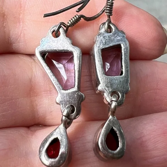 VINTAGE AMETHYST GARNET DROP DANGLE LONG EARRING925 STERLING SILVER UNIQUE CUT